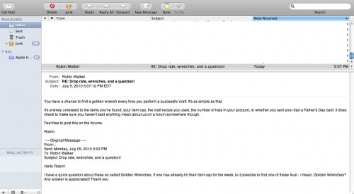 Email from Robin Walker about Golden Wrenches
